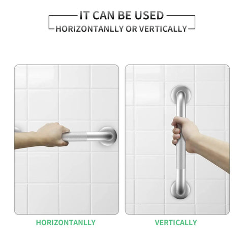Super Duper Top Shelf Badass Stainless Steel Shower Grab Bars 2 Pack 16 Inch shown used horizontally and vertically for safety.