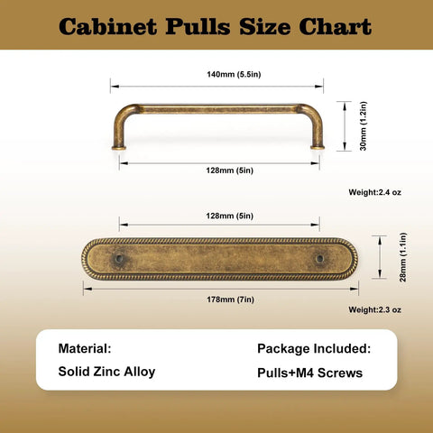 Game Changing Antique Brass Cabinet Pulls and Drawer Handles, 5 Inch Hole Center Zinc Alloy Kitchen Hardware With Vintage Backplate and Spacer size chart with measurements.