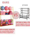 Comparison image of No Sweat Heavy Duty Metal Yoga Mat Storage Rack And Commercial Floor Standing Gym Organizer Shelf.