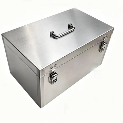 Heavy Duty Stainless Steel Rolling Toolkit With Removable Tray For Home Garage Auto Shop Gear And Power Tools Built Hella Tough And Slick Portable Storage Cabinet, top view with handle.