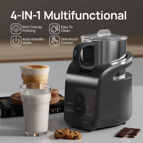 4-In-1 Milk Frother And Warmer For Hot Or Iced Lattes Cappuccinos And Macchiatos, Barista-Grade Foam Electric Steamer 12.5oz