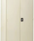 Heavy Hitter Lockable Metal Floor Standing Storage Cabinet With Adjustable Shelves And Secure Recessed Lock Solid As A Rock For Commercial Warehouse Organizing In Putty Finish, front view with doors closed.