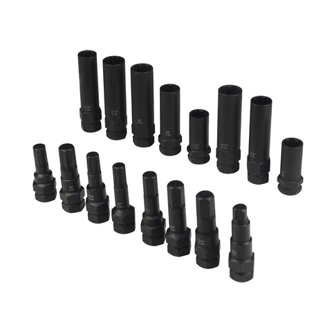 Zero Sweat 16 Piece Locking Lug Nut Master Key Set Cracks Tough Wheel Locks By Fitting SAE And Metric Tips To Spline Star Hex And Fluted Hex Drives For Backyard Gear Heads, featuring various sizes of black lug nut keys.