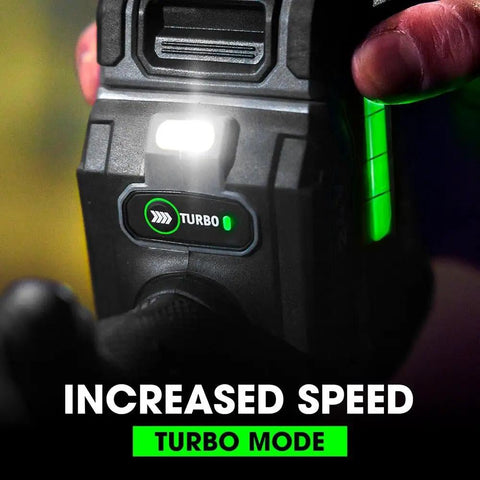 Built Different 24V Brushless Cordless Drill Driver Kit With Two 2.0Ah Stacked Lithium Batteries And Quick Charge Pack, showcasing turbo mode button.
