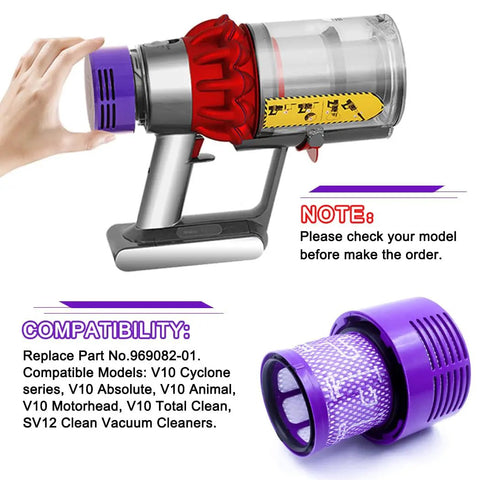 Upgraded Version 3 Pack Pro Grade HEPA Replacement V10 Filters showed with compatibility note and model check warning.