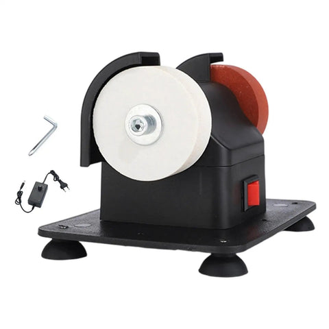 Compact Tabletop Mini Bench Grinder Featuring Dual Grinding Wheels For Precision Tool Sharpening And Rough Burr Removal Kickass Workshop Rig Easy Setup Great For Daily Home Maintenance Tasks, showing dual grinding wheels and power switch.