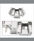 Heavy Duty Folding Stainless Steel Toolbox With Slick Pull Out Drawers And Hardened Steel Carry Handle showing open drawers and hinge detail.