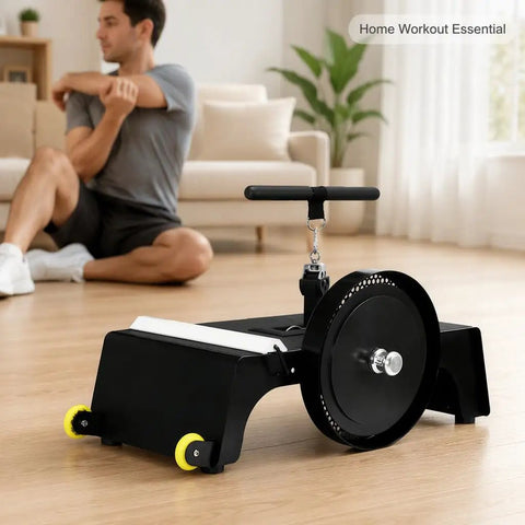Multi Exercise Flywheel Trainer With Adjustable Resistance For Beast Mode Full Body Strength Workouts And Smash Muscle Gains At Home, compact black unit on wooden floor.