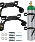 Two Pack Propane Tank Bracket Wall Mounted Cylinder Holder With Six Point Six Foot Ratchet Straps Heavy Duty Steel Gas Cylinder Holder Black Includes Self Tapping Screws And Expansion Screws For Easy Secure Indoor Outdoor Mounting with two brackets, screws, and ratchet straps displayed next to a gas cylinder.