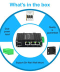 40-Unit Industrial Gigabit 3 Port Ethernet Switch With Adaptive SFP Slot Redundant Power Input displayed with accessories.