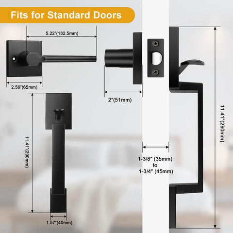Slick Heavy Duty Black Exterior Front Door Handle Set Featuring Modern Square Design And Smooth Glide Lever For Foolproof Left Or Right Installation dimensions for standard doors