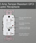Self-Testing 20-Amp Tamper-Resistant Receptacle with Test Button every 30 seconds, front view with satin snow finish