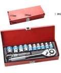 Real Deal 12 Piece Torque Wrench Set With 1/2 Inch Drive Metric Hex Sockets And Adjustable Spanner Kit in red storage case.