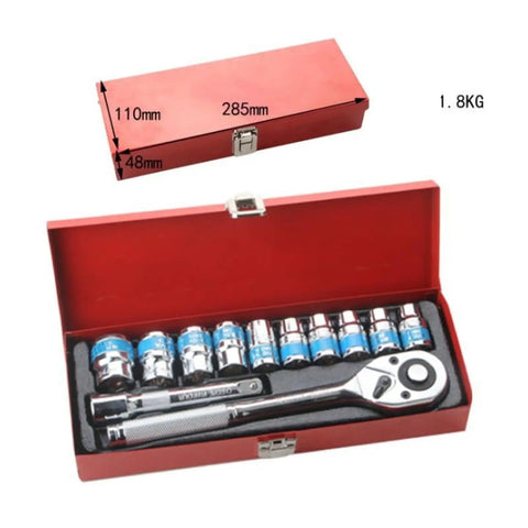 Real Deal 12 Piece Torque Wrench Set With 1/2 Inch Drive Metric Hex Sockets And Adjustable Spanner Kit in red storage case.