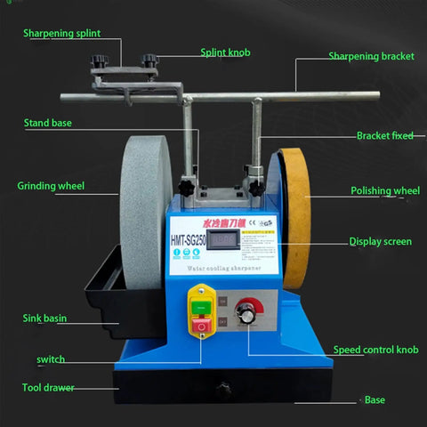 Wet And Dry Grinding Machine For Home Shops Desktop Knife Grinder with two wheels and control panel, industrial grade design