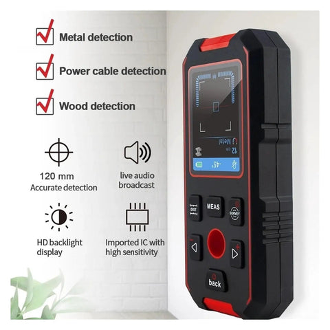 Heavy Duty Metal Detector And Wood Stud Finder With Bright LCD Screen depth gauge showing functions on wall for home renovations.