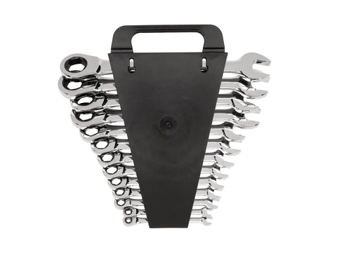 Ratcheting Wrench Set, Thirteen Piece, From Quarter Inch To One Inch, With Wrench Holder, Six Point Box Ends Grip Flat Sides, Durable Steel