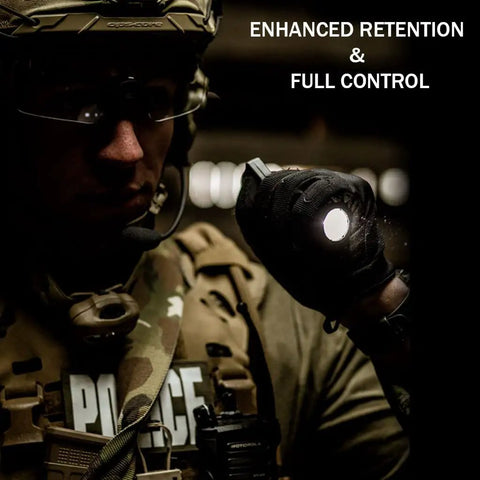Operator holding flashlight with Switchback DF Flashlight Ring for SureFire Dual Fuel Tactical Lights in dark setting