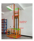 Workhorse Grade Mobile Lift Platform For Smooth Industrial Vertical Material Handling Single Operator Cargo Elevator System Built Like A Tank With Thickened Steel For Hassle Free Warehouse Loading, showing dimensions and setup in a warehouse.