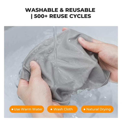 Front view: gray microfiber lens cleaning cloth being wrung under running water.