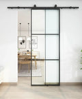 Heavy Duty Three Panel Sliding Barn Door With Crisp Tempered Glass And Dark Aluminum Frame Modern French Look. Sliding door in contemporary interior.
