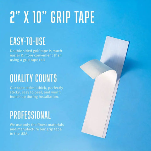 Golf Grip Tape 2 Inch By 10 Inch Solvent Activated Double Sided Adhesive Strips with Easy Peel feature on blue background