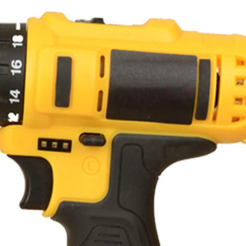 Side view of No Hassle Heavy Duty Cordless Power Drill Workhorse With High Torque Motor and Quick Swap Chuck, yellow and black design.