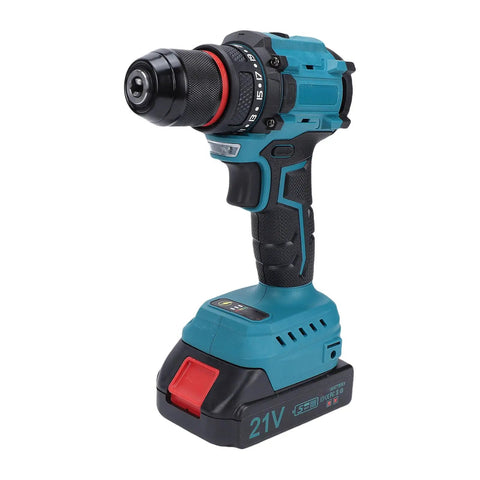 Badass Cordless Drill with Brushless Motor 55Nm Torque 25 Plus 1 Settings Dual Speed 0 to 1500RPM Metal Chuck Heavy Duty Electric Driver for Tough Jobs Sweet Control and Reliability US Plug side view with battery