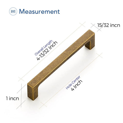 Measurement of Built Tough Vintage Style Antiqued Brass Cabinet Handles Featuring Dead Nuts Solid Square Bar Pulls for Heavy Duty Kitchen Drawers and Cabinet Doors.
