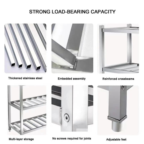 Heavy Duty Stainless Steel Shelving Unit Rock Solid Workhorse For Kitchen Garage Commercial Storage Adjustable Four Tier Metal Rack close-up of thickened stainless steel components and structure details.