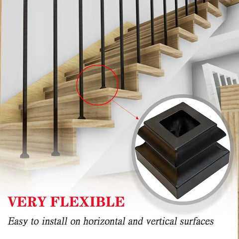 Staircase with Flat Base Baluster Shoes for half inch square railings, satin black finish, easy to install, modern look.