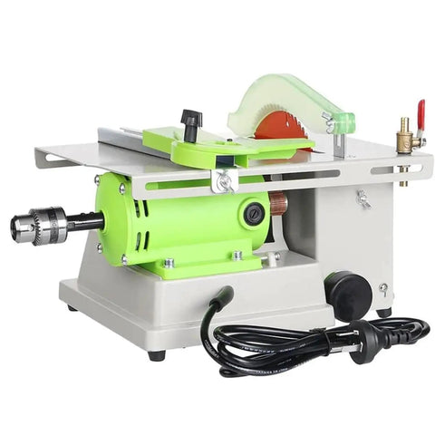 Professional Gem Faceting Machine Designed For Jade Stone Cutting Plus Jewelry Angle Polishing 500 Through 7000 RPM Integrated Precision Lapidary Grinding Workstation shown with green motor and cutting blade.
