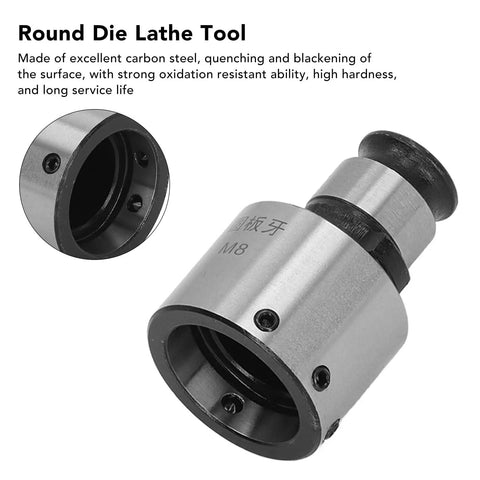 Carbon Steel Round Die Tapping Collet Chuck GT12 M8 with hex wrench, shown in metal with black finish for lathe tool.