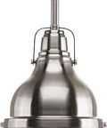 One Light Brushed Nickel Fresnel Glass Coastal Vibe Mini Pendant With Clear Fresnel Lens Industrial Antique Inspired Design Includes 6 Inch And 12 Inch Stems Plus Chain Links For Flexible Mounting, close-up of brushed nickel finish.
