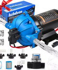 12V RV Fresh Water Pump With 7 GPM At 70 PSI, Five Chamber Self Priming Diaphragm, 12V DC Operation, shown with accessories