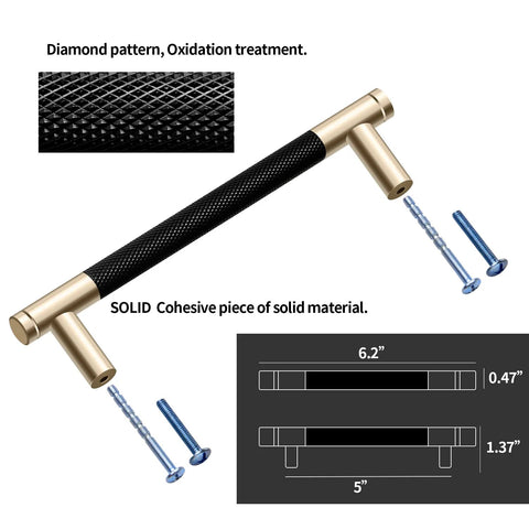 Gold and black knurled 5 inch center bar cabinet pull with screws, diamond pattern, oxidation treatment diagram.