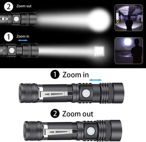 Rechargeable 2000 Lumen LED Tactical Flashlight With Zoomable Beam IPX6 Waterproof Pocket Size Beast Bright Light shown zooming in and out