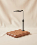 Premium Walnut Coffee Dripper Stand Adjustable Pour Over Holder With Matte Copper Aluminum Bracket and Textured Loop, side view.