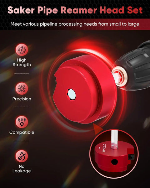 Red Saker pipe reamer head set, connected to a drill, showing features and capabilities for precision and compatibility