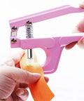 Premium Pink Snap Button Kit With Heavy Duty Aluminum Pliers And Full Die Set Including Resin Metal Snaps Plus Eyelet Grommets in use on fabric.