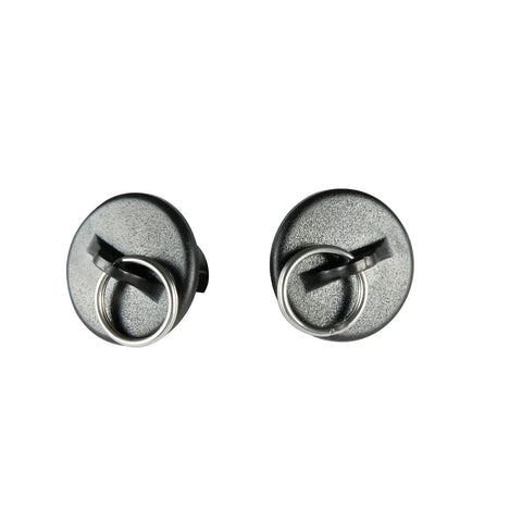 Set Of 2 Hella Sturdy Replacement Endcaps With Tight Rings For Exterior Sun Shades And Roller Blinds No Mess Quick Mount Rugged black endcaps with stainless rings viewed from the front.