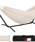 Double Hammock With 9 Ft Space Saving Steel Stand Includes Carrying Case Weather Resistant Cotton Super Cozy Easy Setup Holds Up To 450 Lbs Natural Color with bag and pillow