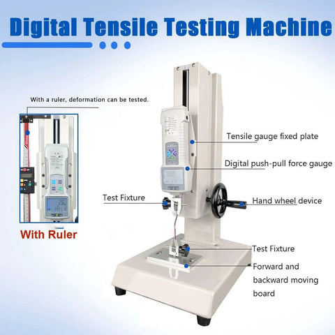 Digital Force Gauge 500 Newton Pull And Compression Tester With High Precision Tensile Pressure Meter and Five Interchangeable Probes for Heavy Duty Applications featuring a testing machine setup with ruler and hand wheel.