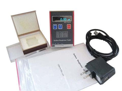 Portable Digital Surface Roughness Meter For Pros On The Go With USB Data Output Ra 0.05 To 15.0 Microns, Rz 0.1 To 50 Microns, Real Time Battery Monitoring And USB Charging, Handy Profilometer For Precision Surface Analysis, with accessories and packaging.