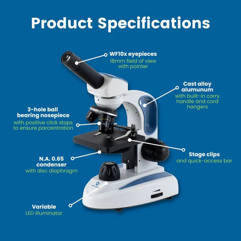 Student Compound Microscope EXM50 With Monocular Head 40x To 400x Magnification with labeled specifications