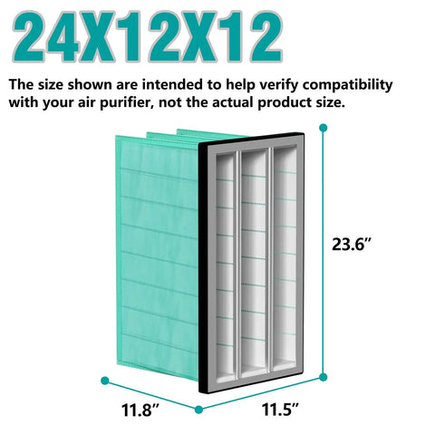 Diagram of high efficiency MERV 14 air filter replacement with synthetic pocket, dimensions 24x12x12 for Jet AFS1000BC and others.