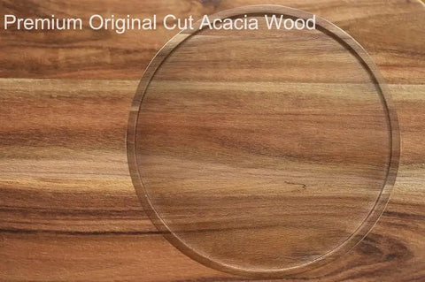 Smooth As Butter 14 Inch Solid Acacia Wood Lazy Susan Rotating Turntable Locks displayed on a wooden surface.