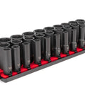 Half Inch Drive Deep 6 Point Impact Socket Set With Rails And Tray 31 Piece Metric Size Range 8 mm To 38 mm Pro Grade Auto Repair Tools