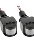 Two Pack IP65 Outdoor Motion Detector Controller For 12VDC Security And Area Lighting With Adjustable Sensitivity And Delay Timer 140x90 Degree Coverage 10m Range Anti Pet Immunity EN 50131-2-2 Compliant, black