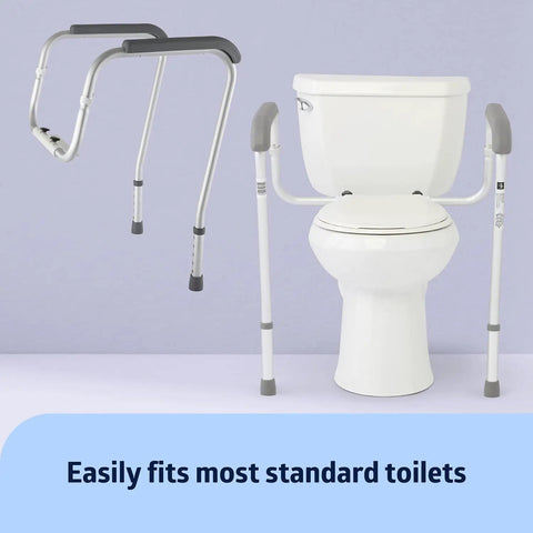 Foldable Bathroom Safety Rail With Adjustable Arms And Universal Seat Fit Rock Solid Aluminum Frame beside a standard toilet.